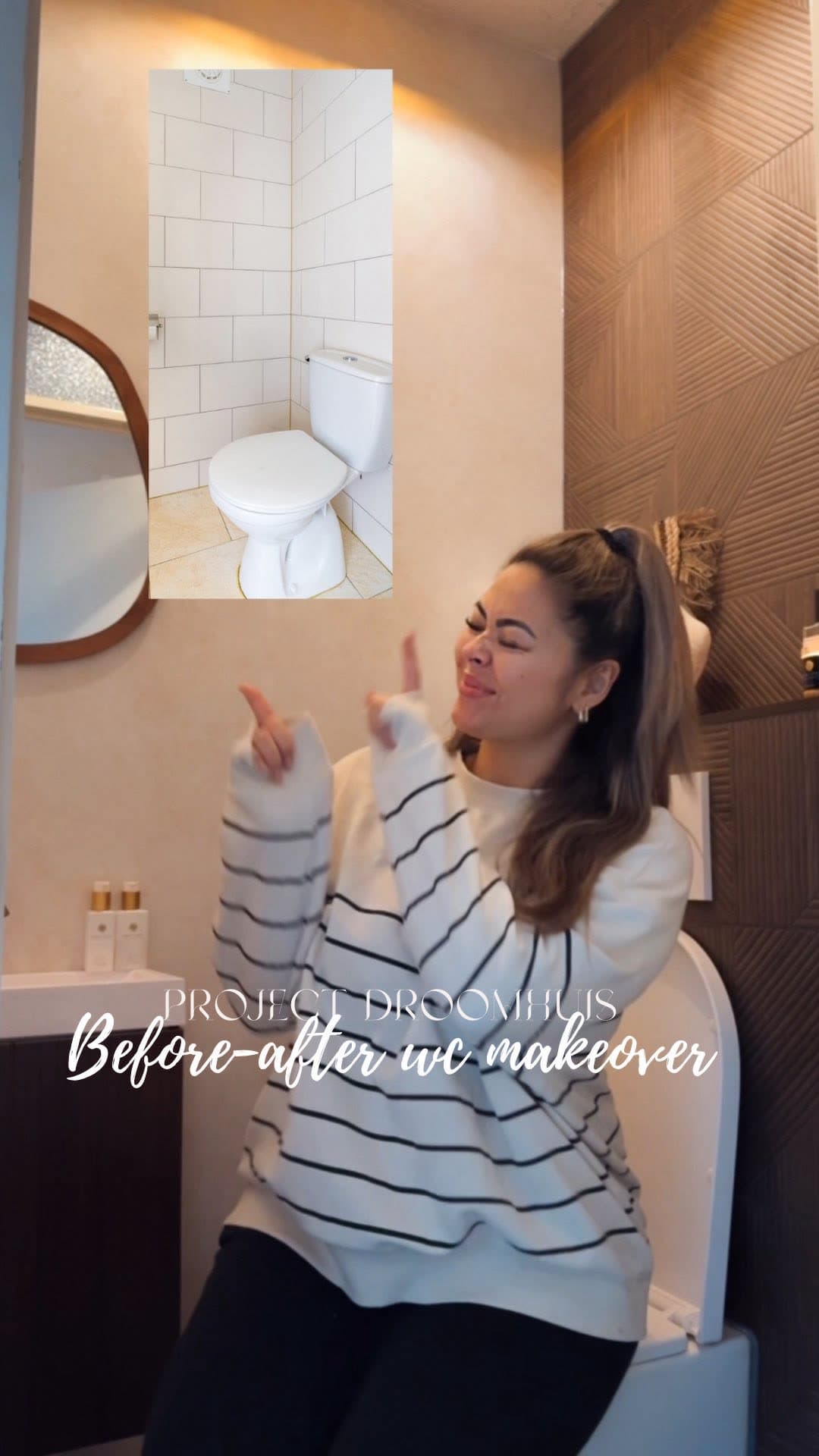 Michelle in her renovated toilet room with a before photo